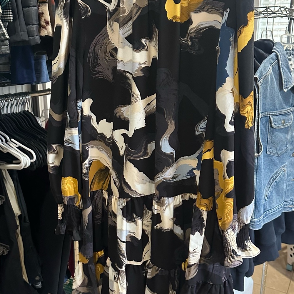 Nine West Black Abstract Print Midi Dress with Yellow and Cream Accents